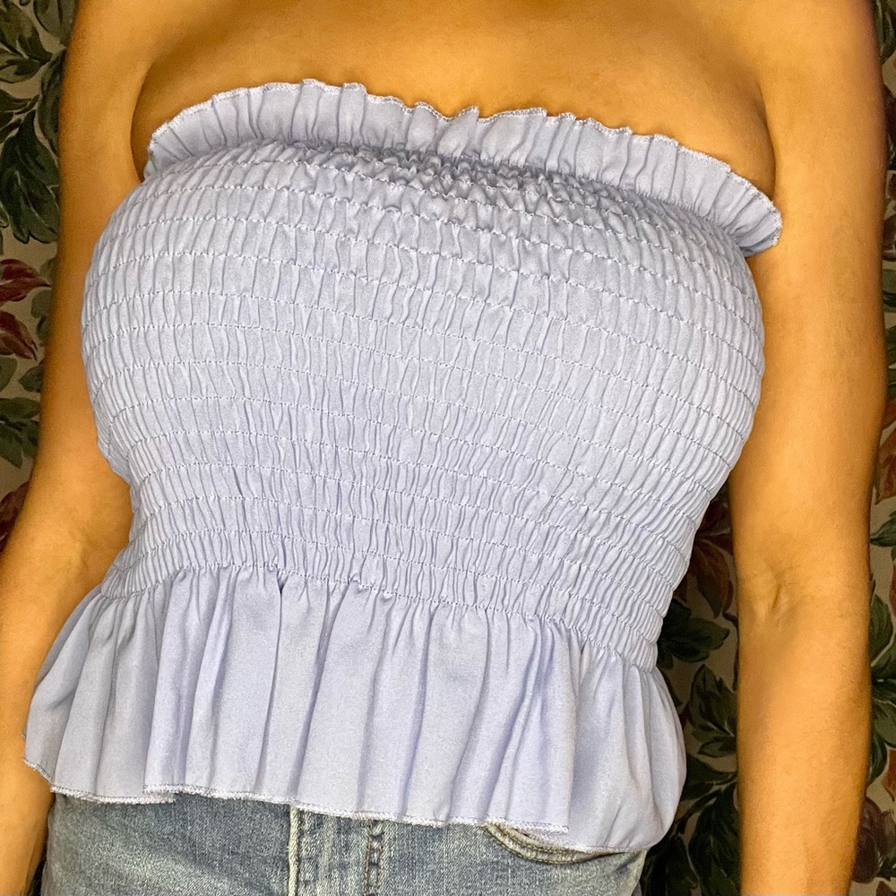 Baby Blue Romwe Ruched Strapless Top